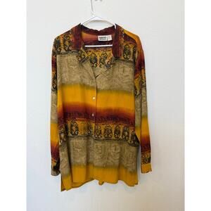 Vintage Chico’s Design 100% Silk Ombré Yellow Tribal Aztec‎ Button 3 (XL/16)